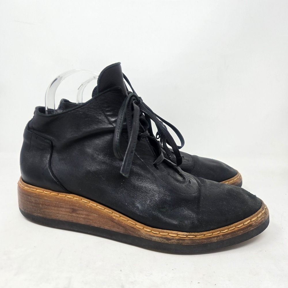 Zero Maria Cornejo Pina Black Leather Lace Up Wedge Ankle Nappa Boots Size 39.5